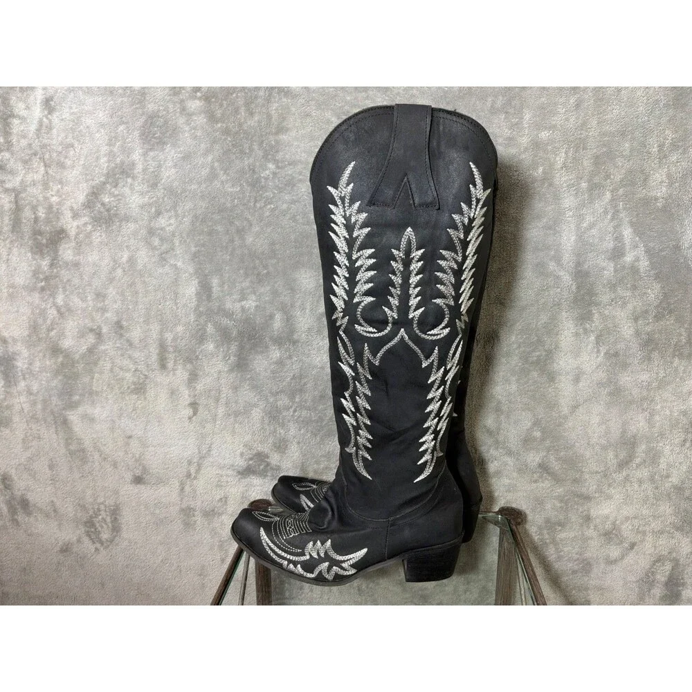 Women’s Tall Embroidered Cowboy Boots Faux Leather size  5.5 Black Rodeo Western